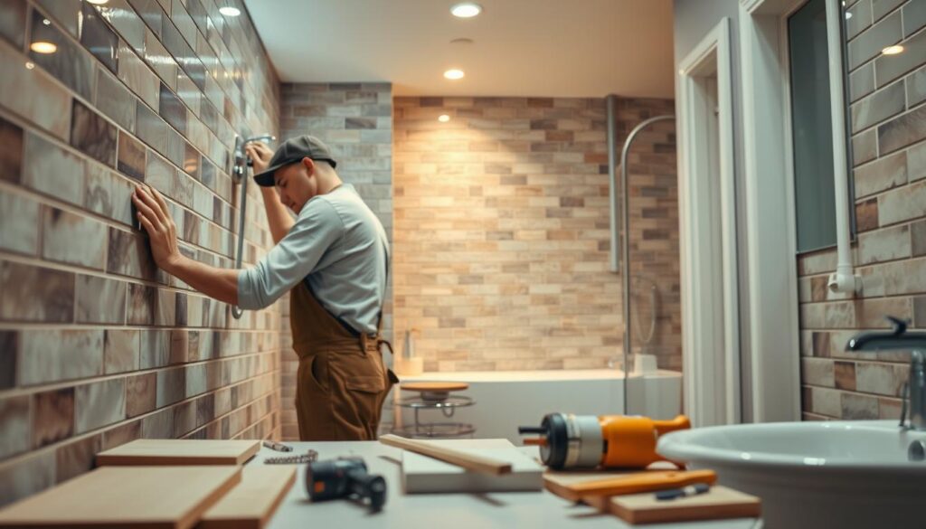 A professional bathroom renovation process illustrated with detailed craftsmanship. In the foreground, a skilled plumber in modest work attire carefully installs modern tile on the wall, showcasing precision and attention to detail. In the middle ground, various tools and materials for bathroom renovation are neatly arranged: tiles, grout, and plumbing equipment. The background features a partially completed bathroom with fresh lighting and clean lines, highlighting the transformation from an old design to a sleek, contemporary look. The scene is well-lit with bright overhead lights creating an inviting atmosphere. Shot with a Sony A7R IV at 70mm, the image is sharply defined with a polarized filter, capturing every detail of the renovation process, exuding professionalism and expertise.