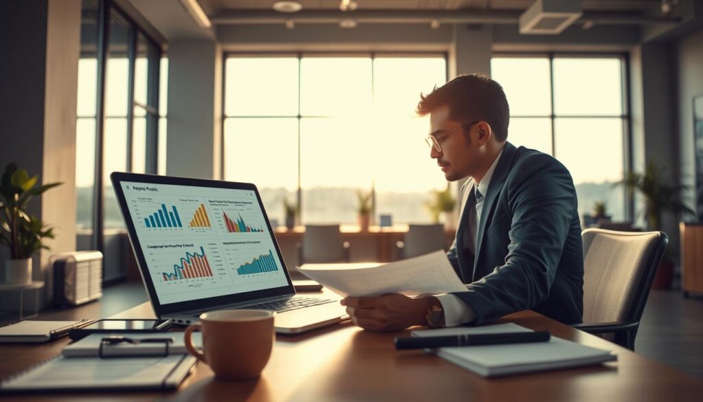 A professional business consultant reviewing a digital report on a laptop in a modern office setting. In the foreground, a well-dressed individual (male or female) in formal attire intently examines charts and graphs that illustrate areas for improvement in a company's performance. In the middle ground, a stylish desk cluttered with notepads, a coffee cup, and a smartphone, creating a real-world context. The background features large windows allowing natural light to flood the room, casting soft shadows and creating a warm, inviting atmosphere. Shot on a Sony A7R IV at 70mm, capturing every detail with clarity, using a polarized filter for enhanced contrast and color saturation, aimed at conveying a mood of productivity and insight.