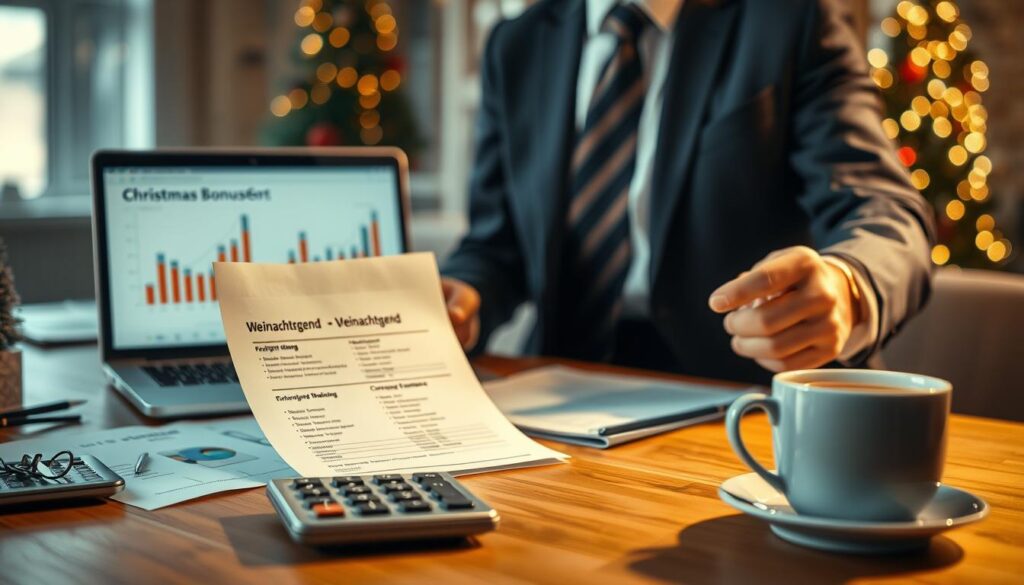 A professional business environment showcasing a table covered with financial documents, a calculator, and a festive decoration like a small Christmas tree. In the foreground, an employee dressed in smart business attire, reviewing a statement labeled "Weihnachtsgeld" under soft, warm lighting to convey a sense of holiday spirit. The middle ground features a laptop displaying graphs related to Christmas bonuses and a cup of steaming coffee, suggesting a productive yet festive atmosphere. The background includes subtle hints of a holiday celebration with blurred holiday lights and decorations, enhancing the overall mood. Shot on a Sony A7R IV at 70mm, with a sharply defined focus and a polarized filter to enrich colors and contrast.
