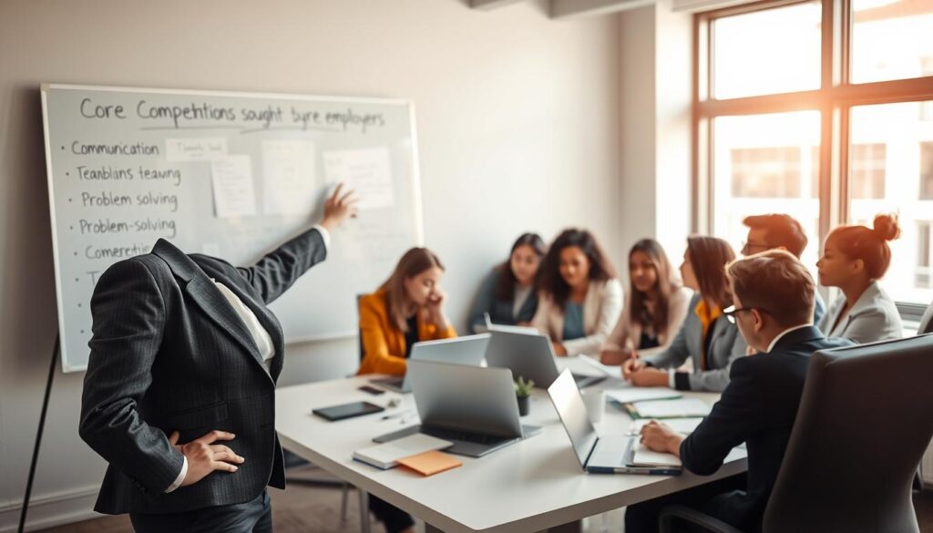 A professional business environment showcasing diverse individuals in a meeting room engaged in a discussion about core competencies sought by employers. In the foreground, a confident woman in business attire points to a whiteboard filled with key skills like communication, teamwork, and problem-solving. In the middle, a group of various professionals, diverse in gender and ethnicity, collaborate around a table, examining documents and laptops. The background features a large window with natural light flooding the room, enhancing the atmosphere of professionalism and teamwork. Shot with a Sony A7R IV at 70mm, the image is sharply defined with a polarized filter, highlighting details and creating a bright, inviting atmosphere that embodies ambition and professionalism.
