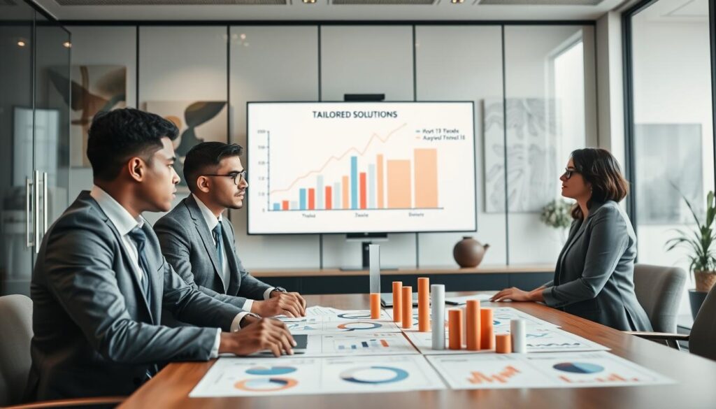 A professional business environment showcasing "tailored solutions." In the foreground, a diverse group of three professionals—two men in smart suits and one woman in modest business attire—are engaged in a focused discussion around a conference table filled with charts and graphs, symbolizing customized data analysis. In the middle ground, a large screen displays a digital presentation emphasizing growth and innovation, with visual elements suggestive of adaptation and flexibility. The background features glass walls and abstract art, creating an open and modern atmosphere. The lighting is bright and natural, streaming in from large windows, emphasizing clarity and professionalism. Shot on a Sony A7R IV at 70mm, the image is sharply focused and well-defined, enhancing the mood of collaboration and strategic planning.