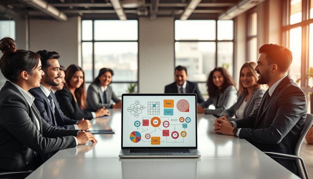 A professional business interview scene showcasing creative thinking and problem-solving skills. In the foreground, a diverse group of candidates in smart business attire sits at a sleek conference table, engaged in a brainstorming session. Their expressions are focused and collaborative, illustrating dynamic interaction. The middle layer features an open laptop displaying colorful diagrams and idea charts, symbolizing innovative thought processes. In the background, a modern office space with large windows allows natural light to flood the room, creating a warm and inviting atmosphere. The scene is shot with a Sony A7R IV at 70mm, using a polarized filter for sharp detail and clarity. The overall mood is energetic and inspiring, perfect for depicting creativity and professionalism in a challenging setting.