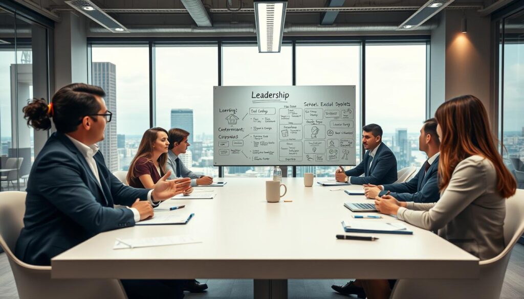 A professional business meeting in a well-lit office environment, showcasing a diverse group of employees engaged in a discussion about leadership styles and employee motivation. In the foreground, a confident leader in smart business attire gestures thoughtfully, while attentive team members sit around a modern conference table, taking notes and sharing ideas. The middle section features a large whiteboard filled with motivational diagrams and key points related to effective leadership. The background displays a panoramic city view through large windows, adding to the atmosphere of professionalism and aspiration. The image is captured with a Sony A7R IV at 70mm, ensuring clarity and sharp detail, enhanced by a polarized filter to enrich the colors and contrasts, creating a dynamic yet focused mood.