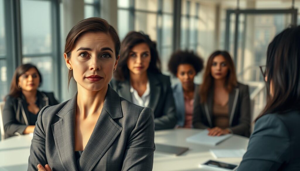 A professional business meeting scene depicting a diverse group of individuals reacting to unexpected rudeness with poise. In the foreground, a confident woman in a tailored suit raises an eyebrow, embodying an assertive yet calm response. In the middle, her colleagues show varying expressions of surprise and contemplation, reflecting the intensity of the moment. The background features a modern conference room with glass walls, a round table, and a soft-focus cityscape visible outside. The lighting is warm and inviting, casting gentle shadows that enhance the mood of professionalism and determination. Shot on a Sony A7R IV at 70mm, the image is sharply defined with a polarized filter, emphasizing details and textures.