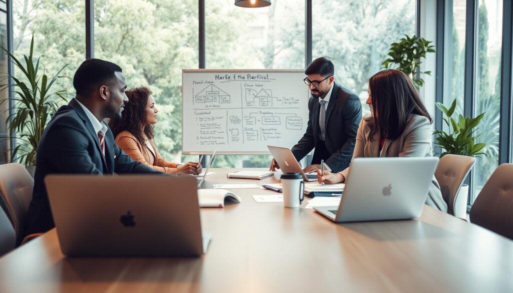 A professional business meeting scene illustrating the prerequisites for successful reintegration. In the foreground, a diverse group of three individuals in professional attire, engaged in a discussion around a large conference table, with laptops and documents scattered before them. The middle ground showcases a whiteboard filled with strategic plans and key points highlighted, signaling teamwork and collaboration. In the background, large windows reveal a bright, airy office space, filled with greenery and natural light that enhances the optimistic mood. The shot is taken with a Sony A7R IV at 70mm, showcasing sharp detail and clarity. The overall atmosphere is professional and focused, promoting an inspiring sense of teamwork and planning for a successful reintegration process.