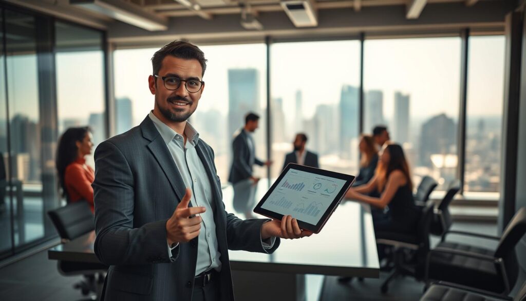 A professional business person in a modern office setting, showcasing their industry experience as a competitive advantage. In the foreground, a confident individual in business attire is discussing a project while gesturing towards a digital tablet displaying graphs and statistics. The middle ground features a sleek conference table with diverse colleagues, engaged in discussion, reflecting collaboration and expertise. The background showcases large windows with natural light streaming in, revealing a city skyline that symbolizes opportunity. The lighting is bright yet soft, creating an inspiring atmosphere. Shot with a Sony A7R IV at 70mm, ensuring crisp focus on the subject and their surroundings, emphasized by a polarized filter to enhance clarity and colors.