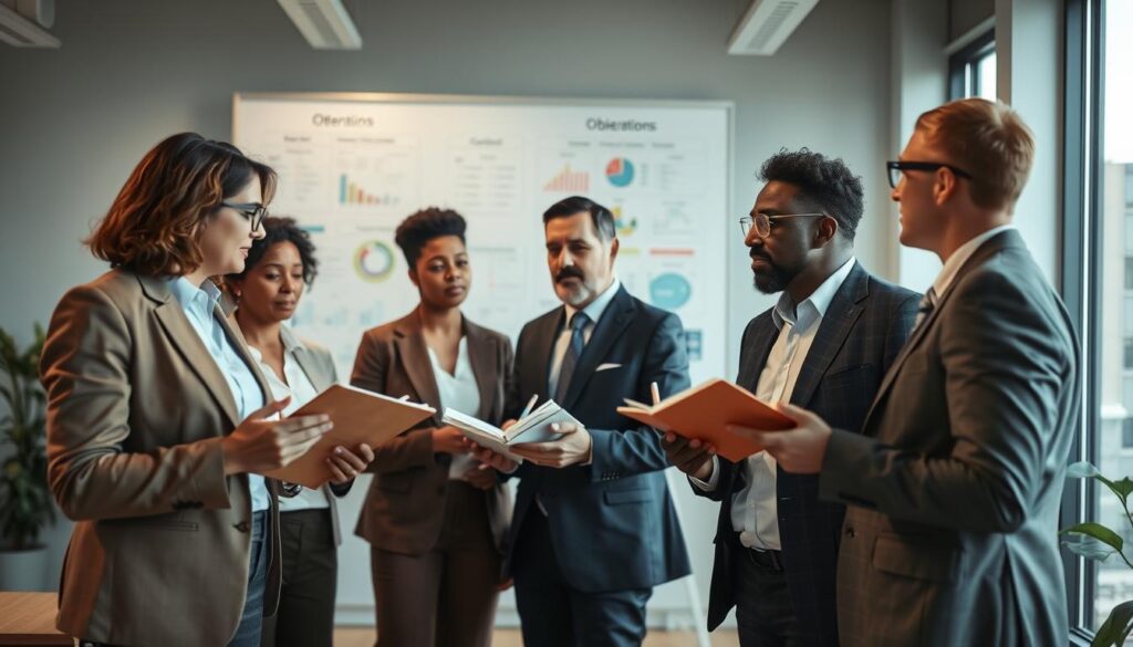 A professional business setting depicting a diverse group of individuals engaged in self-reflection and strategizing about future corporate goals. In the foreground, a diverse mix of three professionals in business attire, deep in discussion, with open notebooks and pens in hand. The middle ground features a large whiteboard filled with colorful diagrams and charts representing company objectives and strategies. The background shows a well-lit modern office space with large windows, allowing natural light to flow in, illuminating the scene. The image is captured with a Sony A7R IV at 70mm, offering sharp details and a slight depth of field that emphasizes the professionals in the foreground while softly blurring the background. The mood is focused and reflective, embodying a spirit of proactive planning for the next five years.