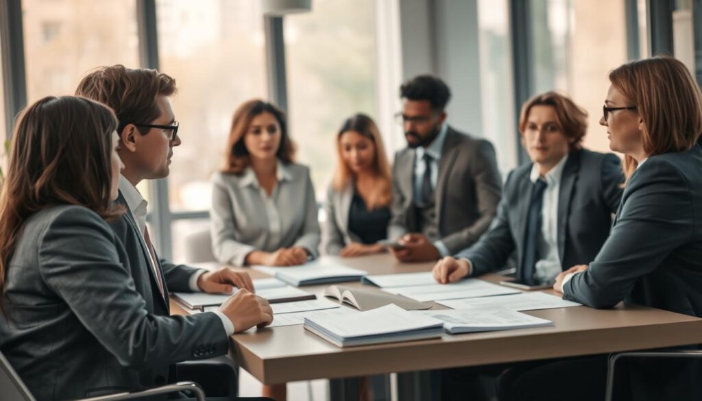 A professional business setting depicting a diverse group of individuals engaged in a conversation about employment rights during a probation period. In the foreground, two professionals, one in a suit and the other in business casual attire, face each other with serious expressions, showcasing a mix of concern and determination. In the middle ground, a table filled with documents like contracts and an employment handbook, symbolizing discussions on "Kündigungsschutz" (termination protection). In the background, a modern office with large windows allowing for soft, natural light to illuminate the scene, creating a calm yet focused atmosphere. The image is captured using a Sony A7R IV at 70mm, ensuring clear details and sharp focus with a polarized filter to enhance colors and reduce reflections.