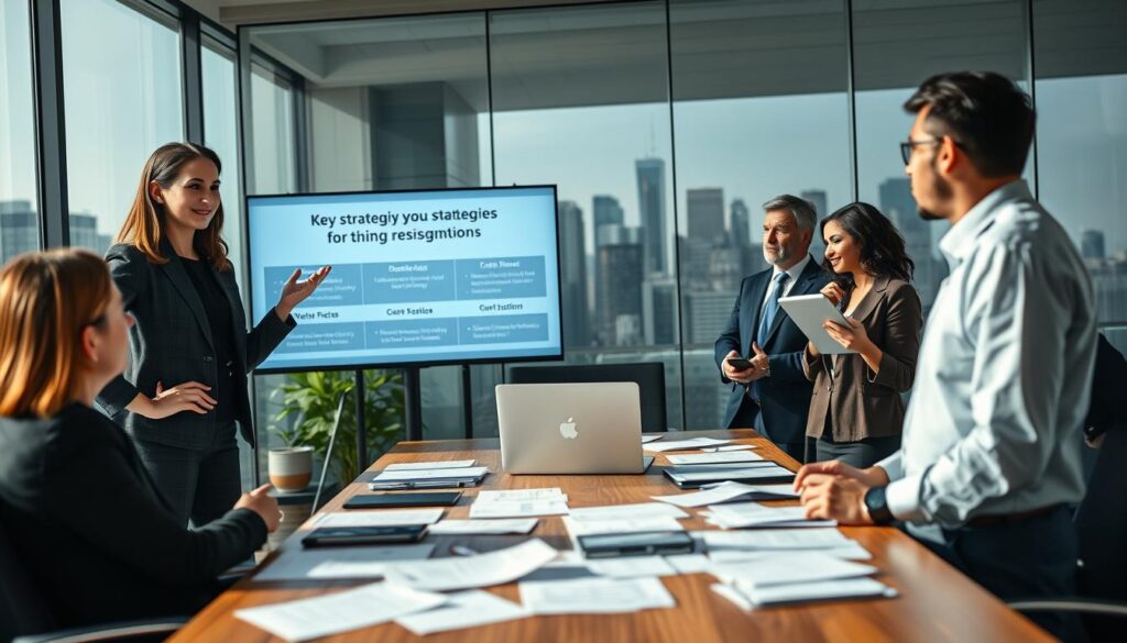 A professional business setting depicting a diverse group of individuals in modern office attire, strategically planning their resignation process. In the foreground, a confident young woman gestures towards a digital presentation display, showcasing key strategies for timing resignations. Beside her, a middle-aged man, holding a tablet, nods thoughtfully while taking notes. In the middle ground, a large conference table covered with scattered documents and a laptop, creating an atmosphere of collaboration and strategic thinking. The background features glass windows illustrating a city skyline, allowing natural light to bathe the scene, enhancing clarity and focus. Shot on Sony A7R IV with a 70mm lens, the image is vividly detailed and sharply defined, creating an inspiring and professional atmosphere.