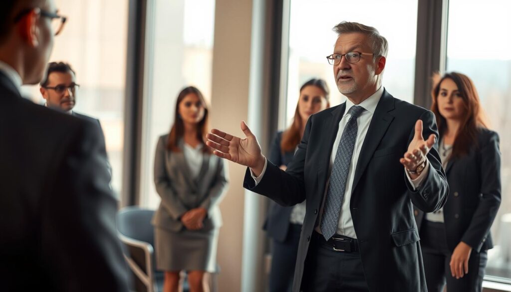 A professional business setting, featuring a confident individual in formal attire addressing a small group. In the foreground, the speaker stands with an open posture, gesturing expressively, showing confidence while handling objections. The middle ground includes attentive listeners, maintaining a mix of expressions, from curiosity to contemplation. Soft, natural lighting filters through large windows in the background, creating a warm, inviting atmosphere conducive to discussion. The scene captures the moment of effective communication and assertiveness, framed with a shallow depth of field to emphasize the speaker and the engaged audience. Shot with a Sony A7R IV at 70mm, the image is clearly focused, sharply defined, and features a polarized filter enhancing color vibrancy.