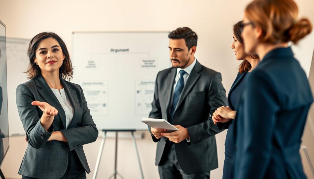 A professional business setting featuring a diverse group of four individuals engaged in a collaborative discussion about the "4-faches Fortsetzungs-Argument." In the foreground, a confident woman in a smart blazer stands with a thoughtful expression, gesturing towards a digital presentation. In the middle, a man in a tailored suit takes notes, while a woman in a professional dress nods in agreement. In the background, a subtle whiteboard displays simplified diagrams illustrating the argument structure, providing visual context. The overall atmosphere is one of teamwork and intellectual engagement, with warm, natural lighting highlighting the scene. Shot with a Sony A7R IV at 70mm, ensuring a clear, sharply defined focus, enhanced by a polarized filter to reduce glare and enrich colors.