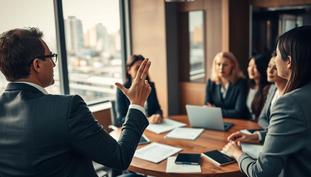A professional business setting featuring a diverse group of individuals engaged in a discussion. In the foreground, a thoughtful person in smart business attire, possibly a woman of Asian descent, is raising a hand to pause the conversation, signaling a need for "Bedenkzeit" while others listen attentively, nodding in agreement. The middle ground displays a round wooden table scattered with documents and a laptop, emphasizing collaboration and decision-making. The background includes a large window that lets in warm, natural light, highlighting a cityscape outside, which adds to the professional atmosphere. The scene is shot with a Sony A7R IV at 70mm, featuring sharp focus and defined details, complemented by a polarized filter to enhance color vibrancy. The mood is collaborative, serious, and respectful, perfect for illustrating the importance of thoughtful decision-making in workplace discussions.