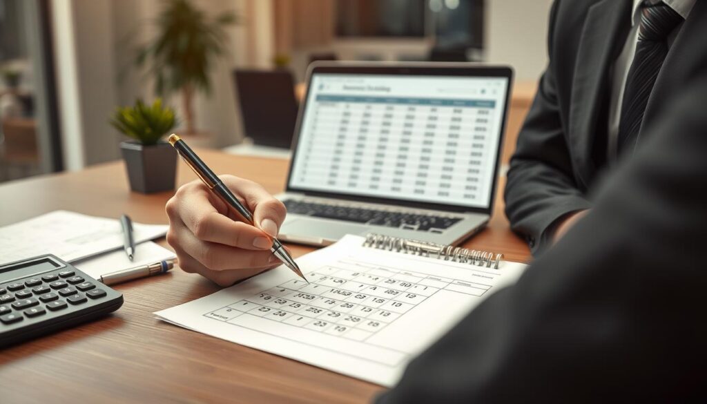 A professional business setting featuring a neatly organized desk with a monthly payroll calendar, invoices, and a stylish calculator, all meticulously arranged. In the foreground, a hand in a smart business suit is holding a pen, poised over the calendar, ready to sign. In the middle ground, a laptop displays a detailed spreadsheet of employee salaries. The background shows a modern office with soft lighting, casting a warm and focused atmosphere. The scene is captured with a Sony A7R IV at 70mm, ensuring crisp details and a sharp focus, enhanced by a polarized filter to reduce glare. The mood conveys responsibility and financial professionalism, reflecting the concept of monthly salary payments and their due dates.