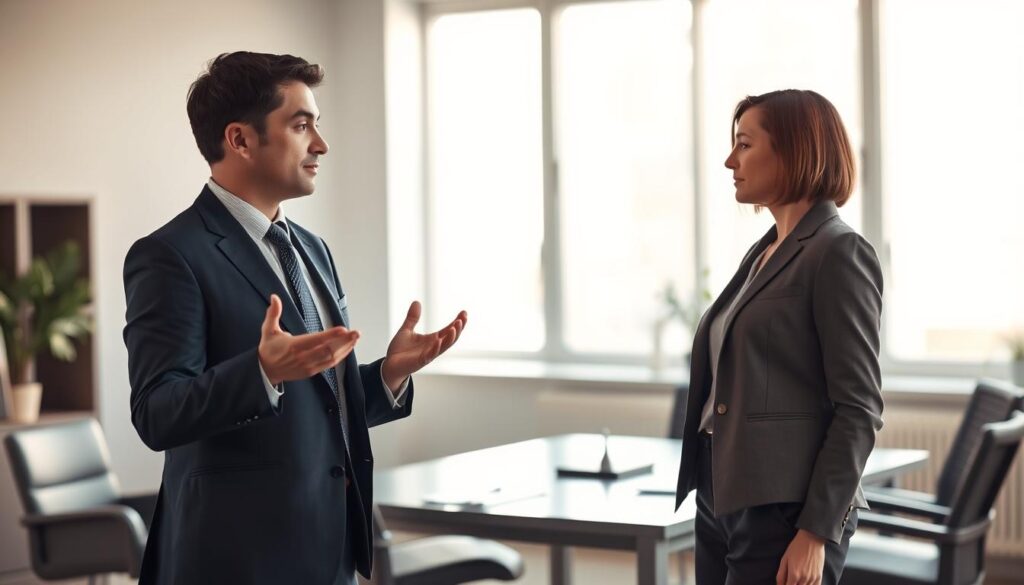 A professional business setting featuring a respectful conversation between two individuals. In the foreground, a man in a tailored navy suit stands with a calm expression, gesturing with open hands, symbolizing a respectful dialogue. Opposite him, a woman in a smart, tailored blouse and slacks maintains eye contact, her demeanor composed yet attentive. The middle of the scene includes a modern office desk with a few documents spread out, symbolizing preparation for an important discussion. In the background, large windows let in soft, natural daylight, illuminating the room and creating a warm, approachable atmosphere. The shot is taken on a Sony A7R IV 70mm lens, sharply focused, utilizing a polarizing filter to enhance clarity and minimize reflections, conveying a mood of professionalism and mutual respect.