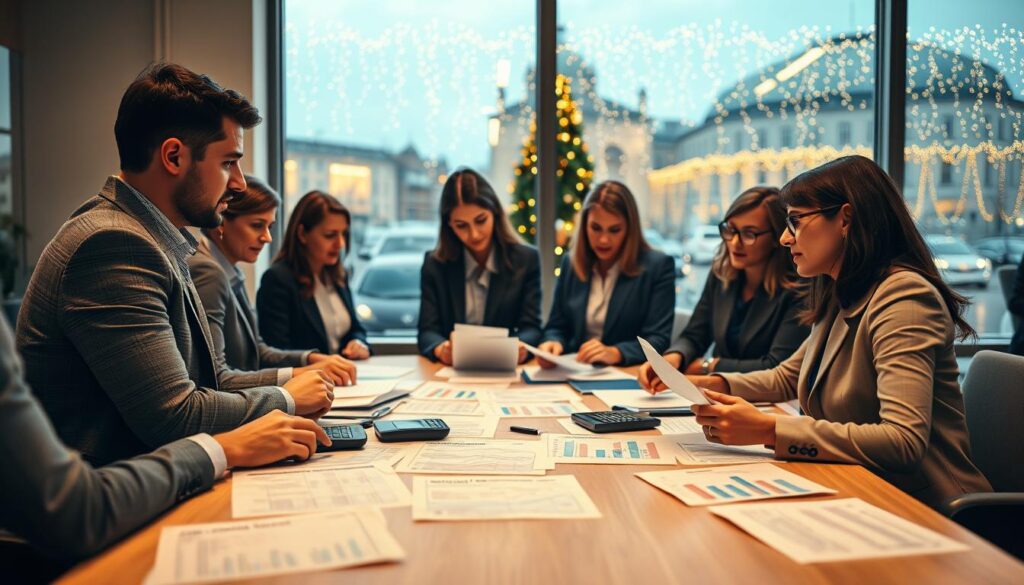 A professional business setting illustrating the concept of social security contributions and Christmas bonuses for low-income earners. In the foreground, a diverse group of individuals in business attire, engaged in a collaborative discussion over financial documents. In the middle, a table filled with paperwork labeled 'Sozialversicherungsbeiträge' and 'Weihnachtsgeld', with calculators and charts showing financial data. In the background, a large window reveals a festive cityscape, adorned with holiday lights, enhancing the atmosphere of the season. The lighting is warm and inviting, creating a sense of hope and positivity. The image is shot on a Sony A7R IV at 70mm, with a polarized filter for clarity and a soft bokeh effect in the background to emphasize the subjects.