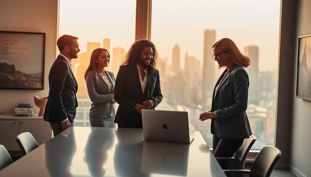 A professional business setting that embodies "career success." In the foreground, a diverse group of three individuals in elegant business attire stands confidently, sharing a friendly discussion and looking at a laptop on a sleek conference table. In the middle ground, a large window reveals a bustling city skyline bathed in warm, golden sunlight, symbolizing opportunity. The background features modern office decor with motivational artwork hanging on the walls. The scene is captured with a Sony A7R IV at 70mm, using a polarized filter for clear focus and vivid colors. The atmosphere is inspiring and hopeful, with soft lighting enhancing the theme of achievement and teamwork.