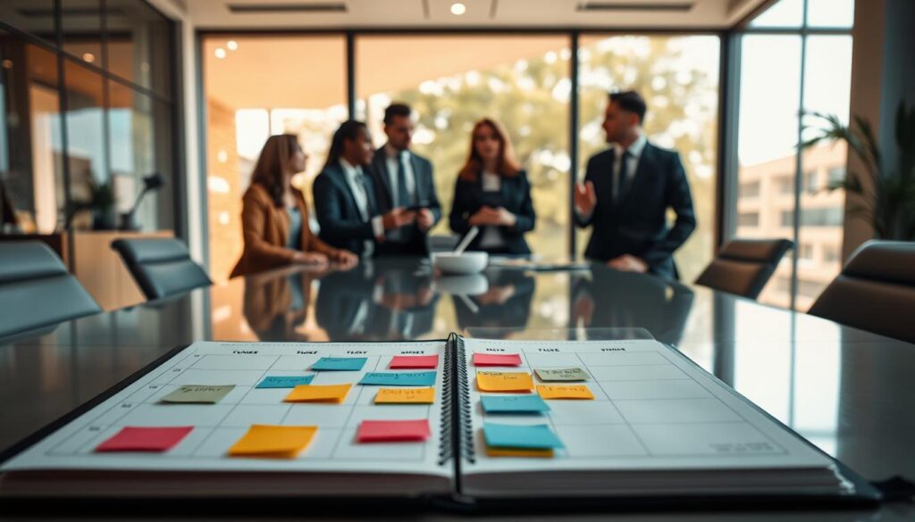 A professional business setting where a diverse group of four individuals is engaged in a dynamic brainstorming session around a sleek conference table. In the foreground, a close-up of an open planner shows scheduled time slots filled with colorful sticky notes representing optimized time windows. In the middle ground, the team is actively discussing and gesturing, dressed in business attire. In the background, a large window floods the room with natural light, casting soft shadows and creating a vibrant atmosphere. The composition captures focus on the participants with a slightly blurred background, invoking a sense of productivity and collaboration. Shot on Sony A7R IV at 70mm, ensuring sharp details and rich colors, enhanced by a polarized filter for clarity.