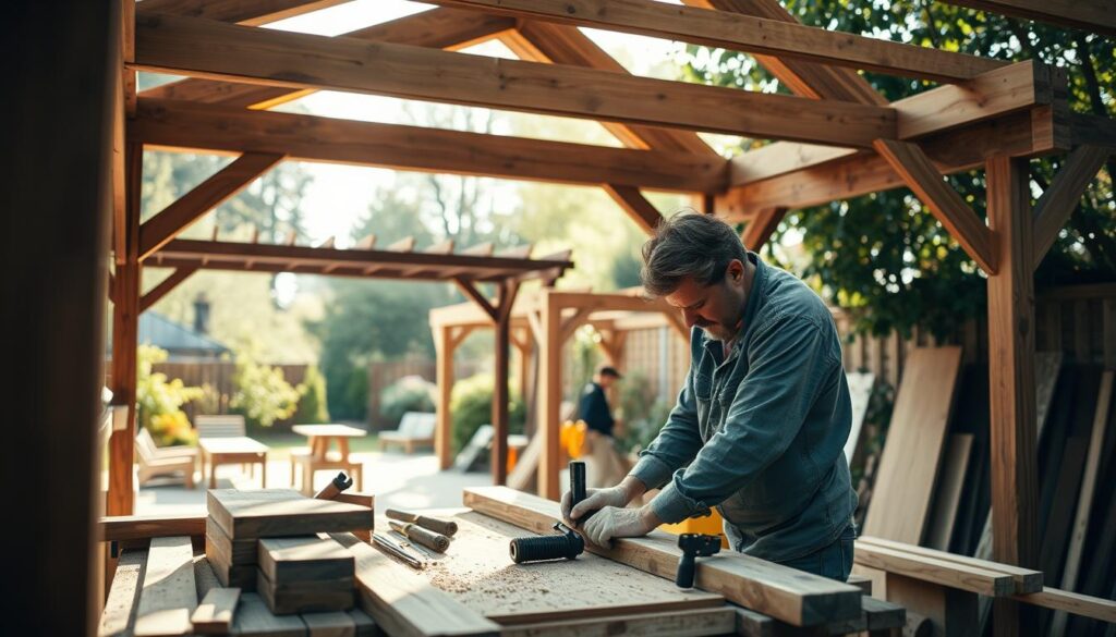 A professional carpenter in a modest casual outfit, working meticulously on a custom wooden gazebo, surrounded by various woodworking tools and materials. In the foreground, focus on detailed craftsmanship, showcasing intricately joined wooden beams and panels. In the middle ground, a partially built carport and a stylish terrace cover demonstrate specialized woodworking solutions, set against a backdrop of a serene garden. Soft, natural lighting creates a warm, inviting atmosphere, with sunlight filtering through the trees. The image should capture a sense of dedication and skill, emphasizing the artistry of custom woodworking, shot with the clarity of a Sony A7R IV at 70mm, clearly defined and well-composed.
