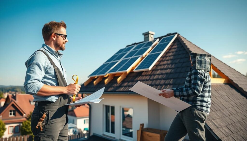 A professional carpenter inspecting a newly renovated roof, showcasing energy-efficient materials and modern design elements. The foreground features the carpenter in a smart, casual outfit, holding a measuring tape and discussing plans with a colleague. In the middle, the newly installed roof with solar panels, thermally efficient insulation, and wooden framework is prominently displayed, highlighting the quality of the workmanship. The background shows a picturesque view of Holzminden with traditional buildings, under a clear blue sky. The lighting is warm and inviting, captured with a Sony A7R IV at 70mm, with a polarized filter to enhance colors and contrasts, creating a sense of optimism and investment in home improvement. The overall atmosphere is professional and focused on the benefits of roof renovation.