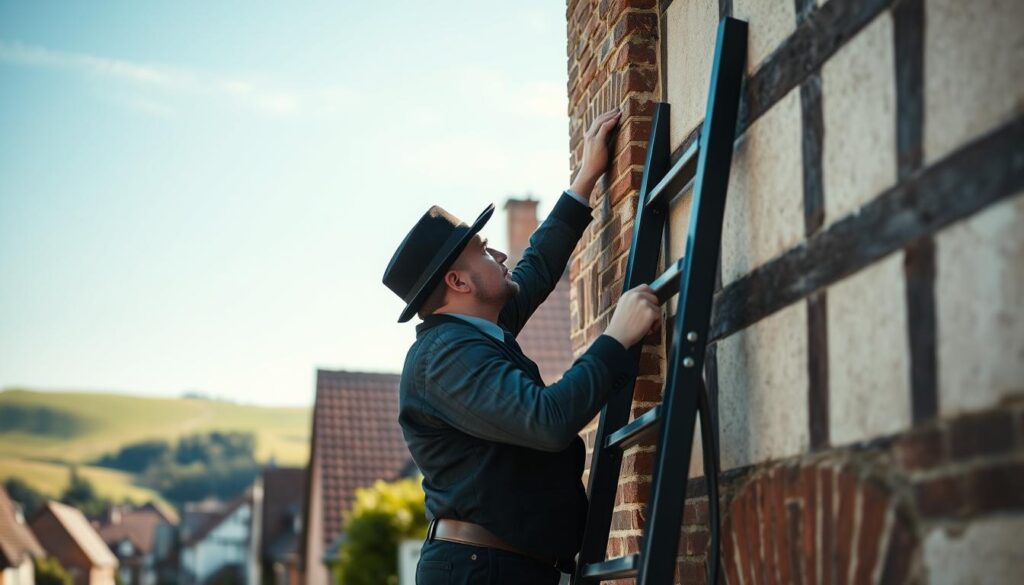 A professional chimney sweep (Schornsteinfeger) in a modern setting in Hameln, dressed in smart business attire and wearing a traditional chimney sweep's cap, is inspecting a brick chimney on a charming half-timbered house. In the foreground, a polished black ladder leans against the building, emphasizing the sweep's thorough inspection of the chimney. In the middle ground, a clear blue sky filters soft daylight, casting gentle shadows that add depth to the scene. The background features the picturesque landscape of Hameln, with rolling green hills and quaint houses lining the streets. Shot on a Sony A7R IV at 70mm, the image is sharply focused, with a polarized filter enhancing colors and details. The overall mood is professional and serene, perfect for illustrating the vital work and responsibilities of chimney sweeps in the Hameln area.