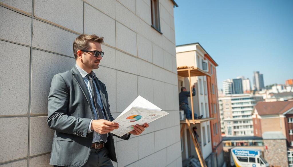 A professional construction scene illustrating cost savings through insulation measures, featuring a well-organized exterior wall of a building under renovation. In the foreground, a skilled contractor in smart casual attire analyzes energy-saving plans with charts and graphs, demonstrating the financial benefits of insulation. The middle ground showcases layers of insulation materials being applied to the façade, with workers carefully installing a Wärmedämmverbundsystem. The background includes a vibrant cityscape of Holzminden, under clear blue skies, highlighting modern buildings with effective insulation. The image is saturated with bright, natural light, shot with a Sony A7R IV at 70mm, using a polarized filter for vivid colors and rich contrasts, evoking a sense of professionalism and optimism about energy efficiency.