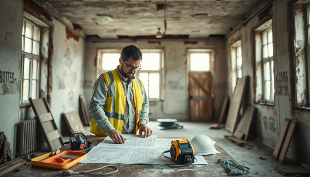 A professional construction team prepares for asbestos remediation in an older building in the Weserbergland region. In the foreground, two workers, dressed in modest casual clothing and wearing protective gear, examine blueprints on a table cluttered with tools like a tape measure and a respirator mask. The middle layer features the partially renovated room with exposed walls and dusty surfaces, showcasing the age of the construction. The background reveals large windows allowing diffused, natural light to illuminate the space, casting soft shadows. The atmosphere is serious yet focused, emphasizing safety and diligence in the preparation for asbestos removal. Captured with a Sony A7R IV at 70mm, the image is sharply defined with a polarized filter, highlighting the textures and colors of the environment.