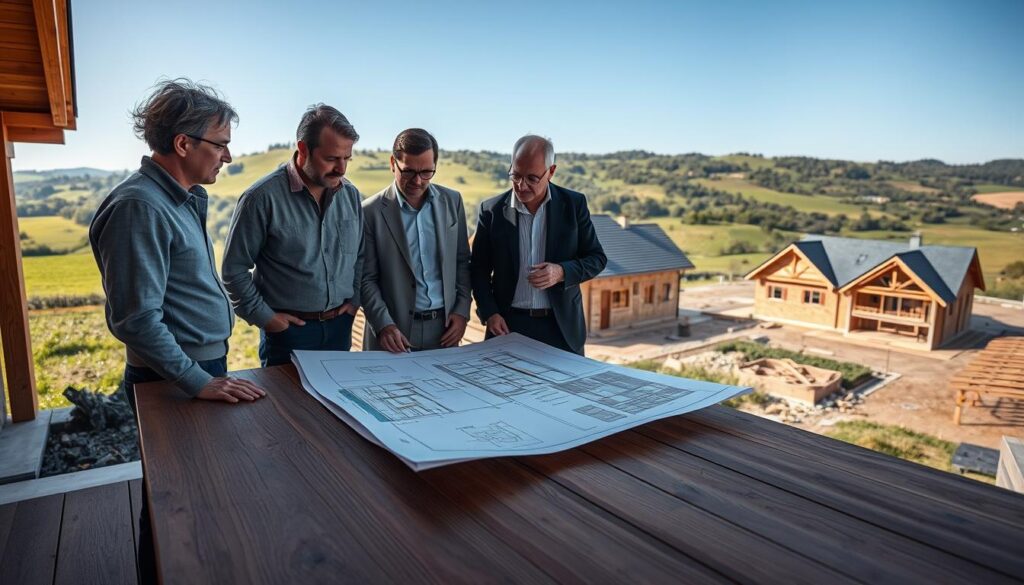 A professional consultation scene featuring a team of construction experts engaged in a discussion with a prospective home builder. In the foreground, the experts, dressed in smart casual attire, are gathered around a detailed architectural plan spread across a wooden table, analyzing the design elements, including timber frames and clay materials. In the middle ground, partially constructed Fachwerk houses showcase traditional Wesley architecture, emphasizing the intricacies of timber framing and sustainable building techniques. The background features a lush green landscape of the Weserbergland, with gentle rolling hills and a clear blue sky. The scene is captured in warm, natural lighting, shot on a Sony A7R IV at 70mm, providing a sharp focus and depth of field that highlights the engaging interaction and the beauty of the surrounding architecture and landscape.