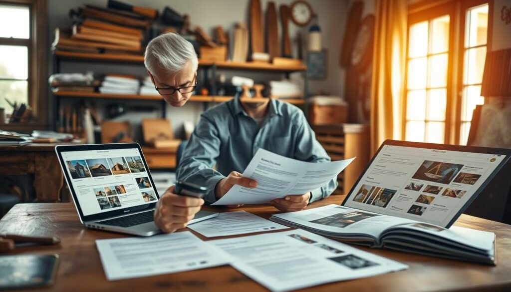 A professional craftsman thoughtfully reviews various applications and portfolios laid out on a wooden table in a well-lit, cozy home office. In the foreground, focus on a middle-aged man in professional attire, examining a document with a magnifying glass, conveying seriousness and attention to detail. In the middle ground, a laptop displays multiple tabs open with images of completed projects and profiles of different tradespeople. The background features shelves filled with tools and books on craftsmanship, creating an inviting atmosphere. Warm, natural light streams through a window, enhancing the friendly and focused mood. Shot on Sony A7R IV at 70mm, the image is clearly focused and sharply defined, with a polarized filter to reduce glare and highlight textures.