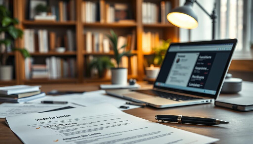 A professional desk scene illustrating "Inhaltlicher Auswahl Lebenslauf" for a resume. In the foreground, neatly arranged documents, including a mock resume with bullet points highlighted to denote important sections like skills and experience. In the middle, a stylish laptop with a partially visible screen showing a resume design software, accompanied by a sleek pen and business cards. The background features a blurred bookcase filled with professional literature, plants, and soft lighting from a desk lamp, creating a calm and focused atmosphere. The image is shot on a Sony A7R IV at 70mm, providing a sharp focus on the foreground elements and a softly diffused background. The overall mood is professional and organized, conveying the essence of carefully curating resume content.