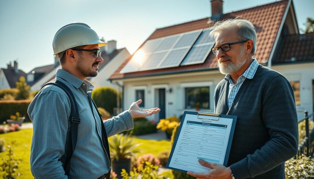 A professional electrician in business attire engaged in a consultation with a satisfied homeowner in front of a newly installed solar panel system on a charming house in Höxter. In the foreground, the electrician gestures toward a well-organized feedback form on a clipboard, showcasing customer satisfaction. The middle ground features the prominent solar panels gleaming under a bright blue sky, with a well-manicured garden adding a touch of color and welcoming warmth. In the background, the quaint architecture of Höxter's residential area creates a cozy atmosphere. The image is captured using a Sony A7R IV at 70mm, providing a tightly focused and sharply defined view with a polarized filter enhancing the vibrant colors and clear details, conveying a positive and trustworthy mood.