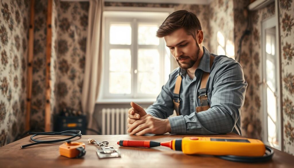A professional electrician in business attire is carefully installing electrical wiring in a charming, vintage Altbau apartment. In the foreground, tools like wire strippers and a voltage tester are neatly arranged on a wooden table. The middle ground showcases exposed walls with old, colorful wallpaper, highlighting the contrast between modern electrical systems and historical architecture. The background features a beautiful window letting in soft, diffused natural light, casting gentle shadows on the scene. Shot with a Sony A7R IV at 70mm, the image is sharply defined and clearly focused, ensuring all details of the installation process are visible. The atmosphere exudes professionalism and craftsmanship, emphasizing the importance of safe and modern electrical solutions in historic buildings.