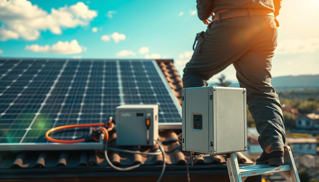 A professional electrician in business attire stands atop a ladder, carefully installing solar panels on a residential roof in Porta Westfalica. In the foreground, the electrician is focused and attentive, showcasing tools and equipment like a solar panel, wires, and a multi-tool. The middle layer features a sleek, modern photovoltaic system with a compact battery storage unit next to it, reflecting innovation and sustainability. The background displays a scenic view of Porta Westfalica, emphasizing a vibrant, sunny day with clear blue skies. The lighting is bright and inviting, captured with a Sony A7R IV at 70mm, ensuring sharp details and a well-defined subject. An atmosphere of professionalism and technological advancement permeates the scene.