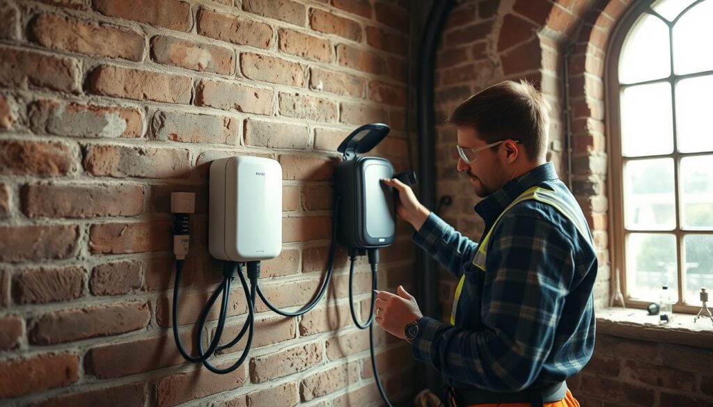A professional electrician installing a modern electric vehicle Wallbox charger on a brick wall in an old building. In the foreground, the electrician, dressed in smart work attire with safety goggles, is carefully connecting wires and ensuring proper alignment. In the middle ground, the Wallbox charger, sleek and contemporary in design, is mounted on the wall, with tools and installation materials scattered around. The background features an aged architectural interior, highlighting the contrast between old and new. Soft, natural light filters through a nearby window, illuminating the scene and casting gentle shadows. The image captures a focused, industrious atmosphere, showcasing the meticulous process of modern electrical installation in an historical setting, shot with a Sony A7R IV at 70mm for sharp detail and clarity.