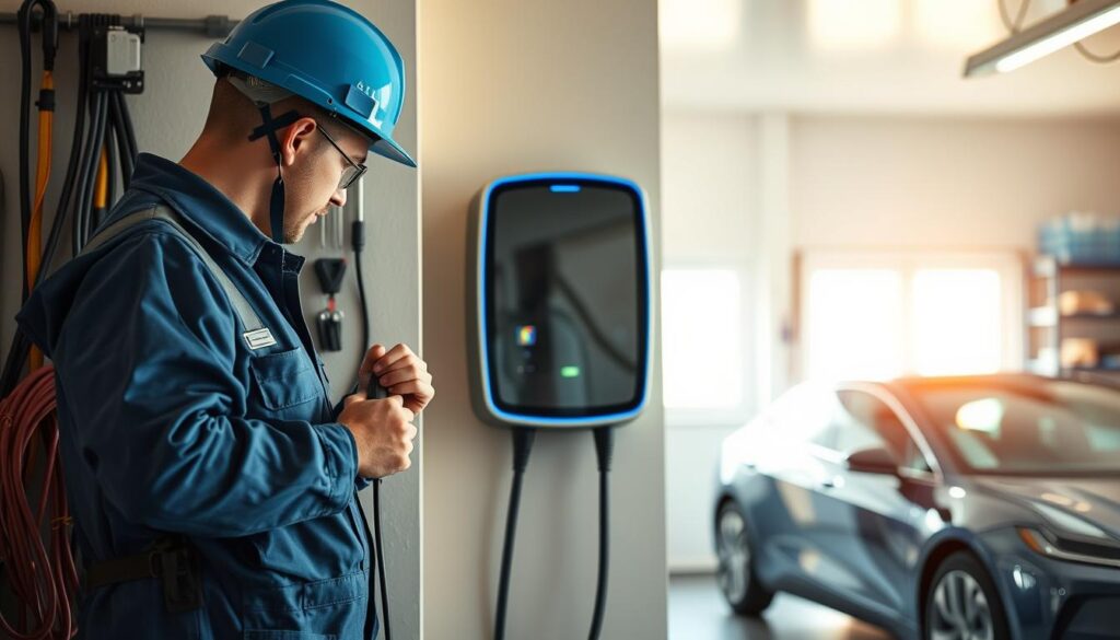 A professional electrician installing a modern electric vehicle charging station in a residential garage. In the foreground, showcase the electrician, dressed in a blue uniform and safety gear, intently connecting wires with tools neatly arranged nearby. The middle ground features a sleek, wall-mounted charging station, glistening metallic surface reflecting soft ambient light. The background shows a tidy garage setting, with a parked electric vehicle and shelves filled with tools and battery accessories. The lighting is bright but warm, creating a welcoming atmosphere. The image is shot with a Sony A7R IV at 70mm, with a sharply defined focus on the electrician and the charger, using a polarized filter for enhanced clarity and vibrancy.