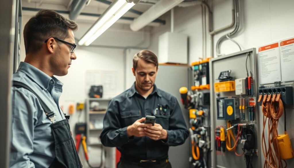 A professional electrician standing in an organized workspace, carefully examining a modern electrical panel and tools. The foreground features the electrician, dressed in professional attire, with focused expressions showing expertise. In the middle, a well-lit workspace with neatly arranged tools and equipment, including wire strippers and circuit testers. In the background, bright overhead lights illuminate a clean environment with a wall showcasing electrical diagrams and safety certifications. The scene should convey a sense of diligence and confidence, reflecting the importance of choosing a skilled electrician. Capture the image with a Sony A7R IV at 70mm, using a polarized filter for a crisp, well-defined look, ensuring that all elements are clearly visible and focused.