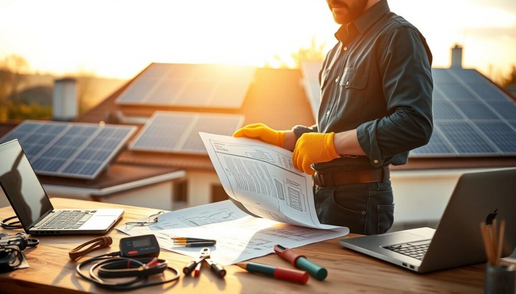 A professional electrician stands confidently in a modern workspace, examining a blueprint for a solar panel installation project in Porta Westfalica. They wear a crisp, navy blue shirt and safety gloves, embodying expertise and professionalism. In the foreground, tools like a voltage tester, wire cutters, and a laptop are neatly arranged on a workbench. In the middle, the electrician interacts with detailed plans and a solar panel setup, showcasing their technical knowledge. The background features solar panels installed on a residential roof, bathed in warm, natural sunlight, highlighting a serene and productive atmosphere. The image is shot with a Sony A7R IV at 70mm, providing a clearly focused and sharply defined view, enhanced by a polarized filter to accentuate colors and contrasts.