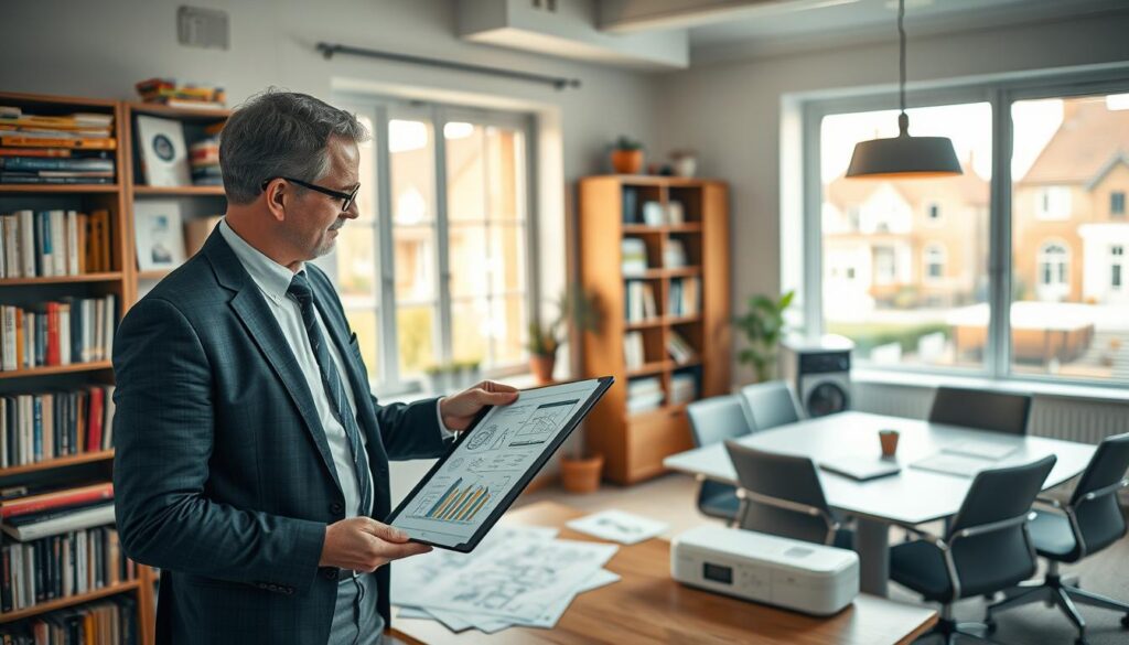 A professional energy advisor stands in a cozy, well-lit office in Höxter, analyzing blueprints and energy efficiency reports. In the foreground, the advisor, dressed in smart business attire, points at a digital tablet displaying energy-saving solutions. The middle ground features bookshelves filled with energy-related literature and a large window showing a glimpse of the charming Höxter streets outside. The background reveals a modern conference table with energy-efficient appliances and plans for home renovations. The scene, shot on a Sony A7R IV at 70mm with a polarized filter, is sharply defined and clearly focused, creating a professional and inviting atmosphere that highlights the significance of energy consulting in the region.