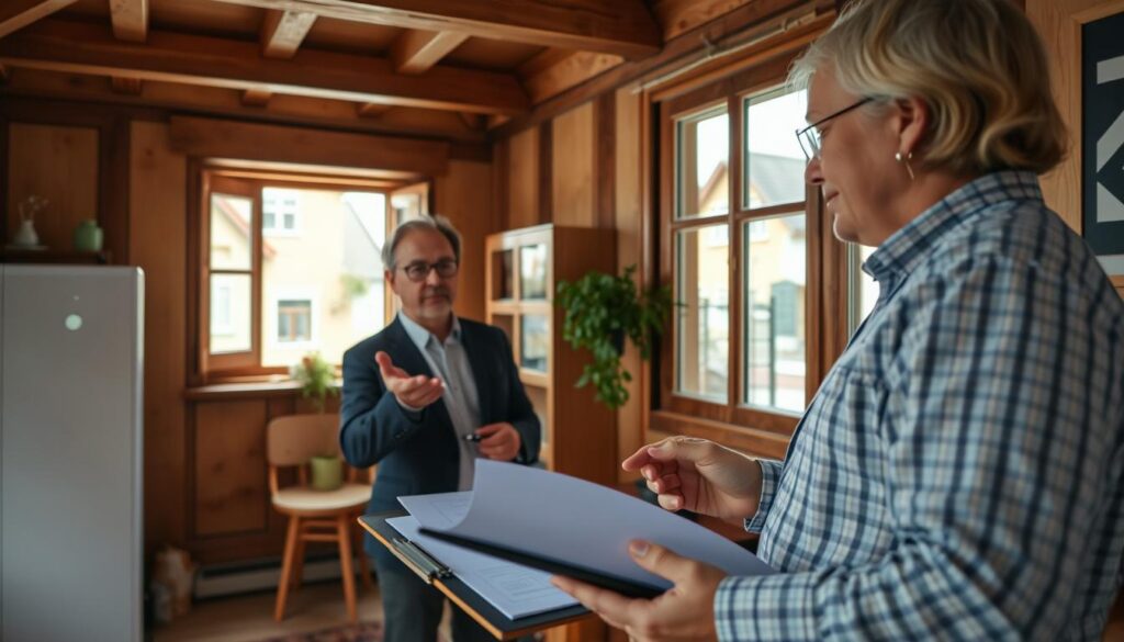 A professional energy consultant in a smart casual outfit discusses energy efficiency options with a homeowner inside a cozy, traditionally styled half-timbered house in Hameln. The foreground features a clipboard with energy assessment notes and a sleek, modern heat pump model. In the middle ground, the consultant gestures toward a bright window that streams in natural light, highlighting the home's rustic charm with exposed beams and warm wooden tones. The background showcases a partially open window view revealing the picturesque streets of Hameln. The scene is shot on a Sony A7R IV at 70mm, clearly focused and sharply defined, with a polarized filter enhancing the vibrant colors and creating a sunny, inviting atmosphere, conveying optimism for energy upgrades.