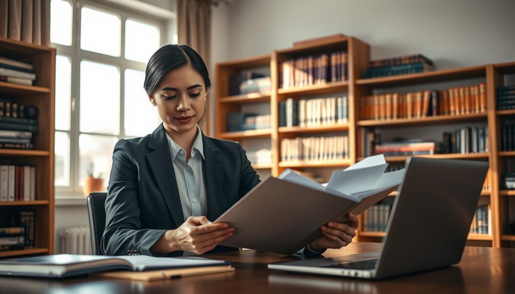 A professional environment depicting a person preparing for a job interview. In the foreground, a young professional woman dressed in a tailored business suit is seated at a desk, examining a folder filled with documents and notes, with a laptop open beside her. The middle ground features a bookshelf lined with motivational books about career development and interview techniques. In the background, a large window allows natural light to pour in, illuminating the space and creating a warm yet focused atmosphere. The image is captured with a Sony A7R IV at 70mm, ensuring sharp detail and clarity, with a polarized filter adding depth to the colors. The overall mood is one of determination and focus, emphasizing the importance of interview preparation.