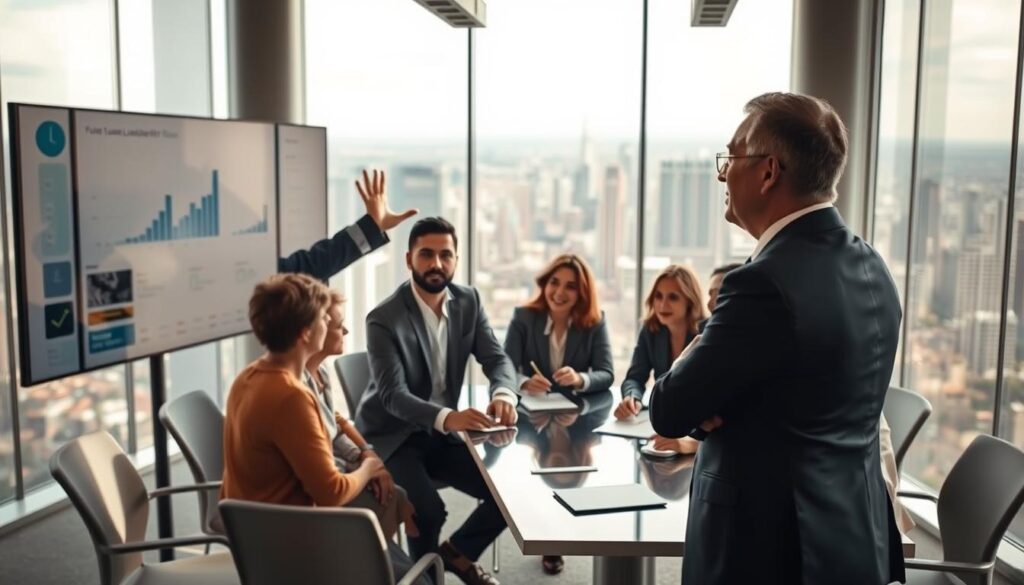 A professional executive, confidently leading a team discussion in a modern corporate environment. In the foreground, the executive, a middle-aged person in a tailored suit, gestures towards a large digital screen displaying future leadership metrics and innovative ideas. In the middle ground, a diverse group of engaged colleagues, including men and women of varying ethnicities, are seated around a sleek conference table, taking notes and collaborating. The background features a panoramic view of a bustling city skyline through floor-to-ceiling windows, symbolizing growth and vision. Soft, natural daylight illuminates the scene, enhancing the atmosphere of inspiration and professionalism. Shot on Sony A7R IV at 70mm, ensuring clear focus and sharp detail, with a polarized filter to accentuate colors and reflections.