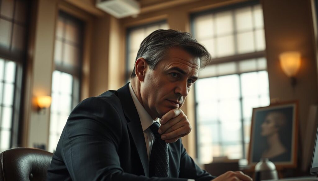 A professional executive in a dark suit, sitting at a desk, deep in thought, pondering the weight of their responsibilities. The room is illuminated by a soft, warm light filtering through tall windows, creating a pensive atmosphere. The subject's face is in sharp focus, conveying a sense of thoughtful introspection. The background is slightly blurred, drawing the viewer's attention to the central figure and the gravitas of their role. Shot on a Sony A7R IV with a 70mm lens, the image is crisp and detailed, with the use of a polarized filter enhancing the clarity and depth of the scene.