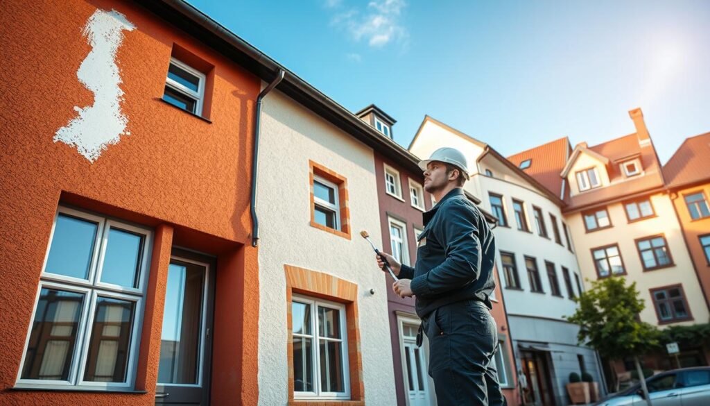 A professional exterior of a modern building in Holzminden showcasing a tailored thermal insulation system and facade insulation design. In the foreground, a skilled painter applying finishing touches to the facade, dressed in a smart uniform, demonstrating craftsmanship and attention to detail. The middle ground features a variety of building styles—traditional and contemporary—highlighting diverse architectural solutions. In the background, a clear blue sky casts natural light, enhancing the textures of the walls and insulation materials. Shot with a Sony A7R IV at 70mm, with a polarized filter for vivid colors and contrast, creating a focused and sharply defined image. The overall mood is one of innovation and professionalism in building preservation.