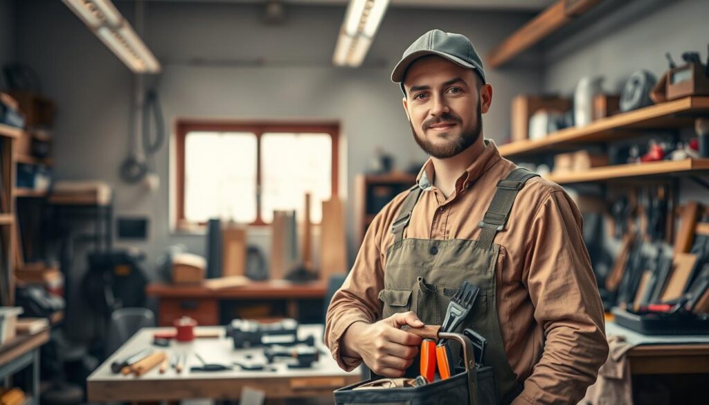 A professional handyman confidently poses in a well-organized workshop, showcasing a neat appearance with a clean work uniform that reflects diligence and respectability. In the foreground, the handyman holds a toolbox, with tools neatly arranged, emphasizing readiness for the task at hand. The middle ground features a workbench cluttered with high-quality materials and tools, capturing the essence of craftsmanship. A well-lit, bright background reveals shelves stocked with organized equipment and a window allowing soft natural light to illuminate the scene. The mood is one of professionalism and expertise, conveying the importance of a polished appearance in the trade. Shot with a Sony A7R IV at 70mm, clearly focused, sharply defined, with a polarized filter to enhance color and detail.