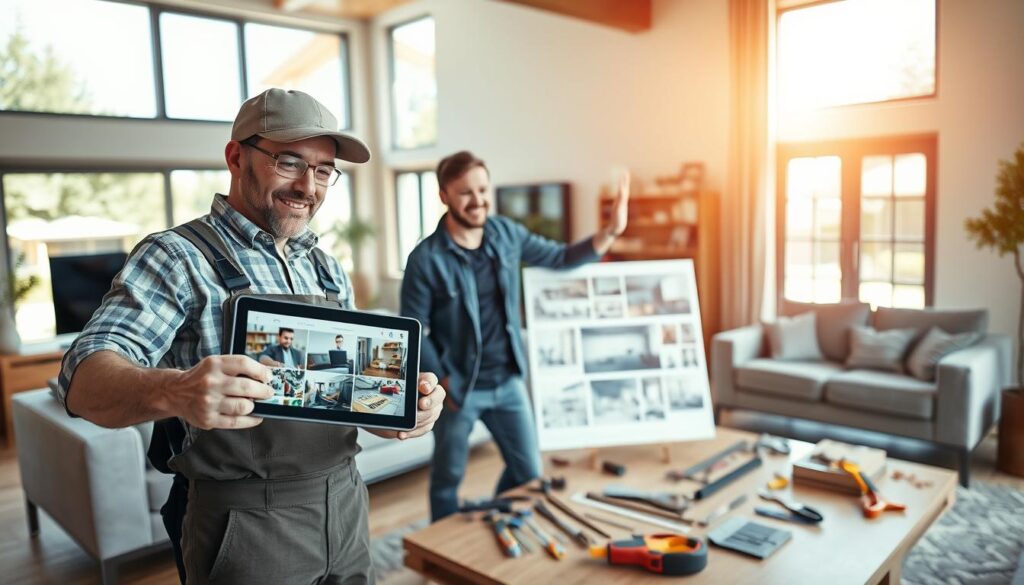 A professional handyman discussing options with a satisfied homeowner in a well-lit, modern living room. The foreground features the handyman, wearing a smart uniform, holding a tablet showing images of completed projects. The homeowner, in smart casual attire, is gesturing excitedly towards a concept board filled with design ideas. The middle ground depicts stylish furniture and tools laid out neatly, symbolizing craftsmanship. In the background, large windows reveal a bright, sunny day outside, enhancing the warm atmosphere. The image is vividly detailed and captures a feeling of collaboration and trust. Shot on a Sony A7R IV at 70mm with a polarized filter for clarity and depth. The focus is sharp, ensuring every element stands out crisply against a softly blurred background.