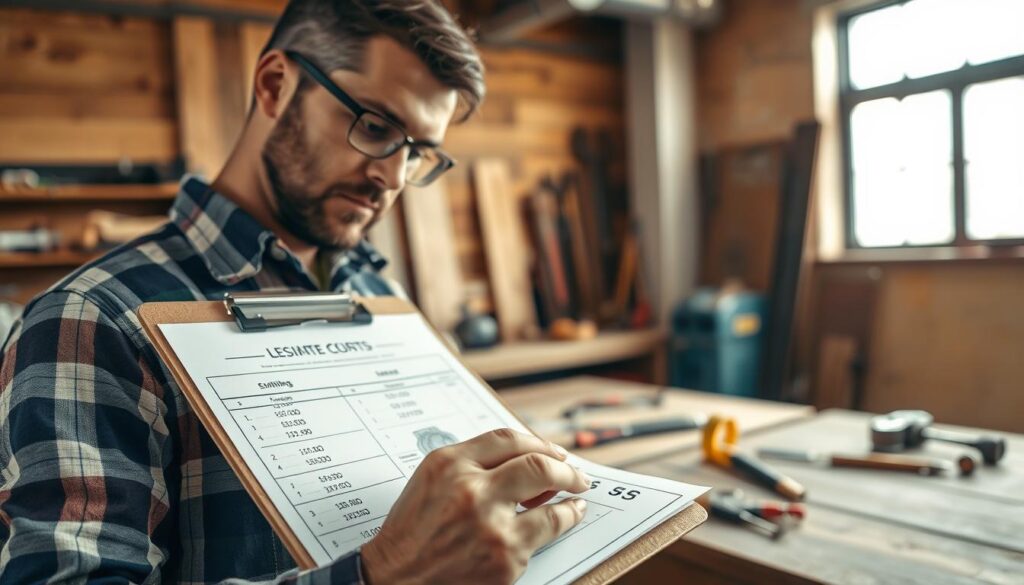 A professional handyman estimating costs on a clipboard in a well-lit workshop. In the foreground, a detailed close-up of the clipboard displays clear, neatly written numbers and diagrams related to various trades like plumbing, electrical work, and carpentry. In the middle ground, tools such as a wrench, hammer, and measuring tape are organized neatly on a workbench. The background features a mix of wood and metal materials, with a large window allowing natural light to fill the space, creating a warm and inviting atmosphere. Shot with a Sony A7R IV at 70mm, focusing sharply on the handyman and clipboard, highlighting the thoughtful expression on his face, conveying professionalism and competence. A polarized filter enhances the color saturation and definition, emphasizing the quality of the setting.