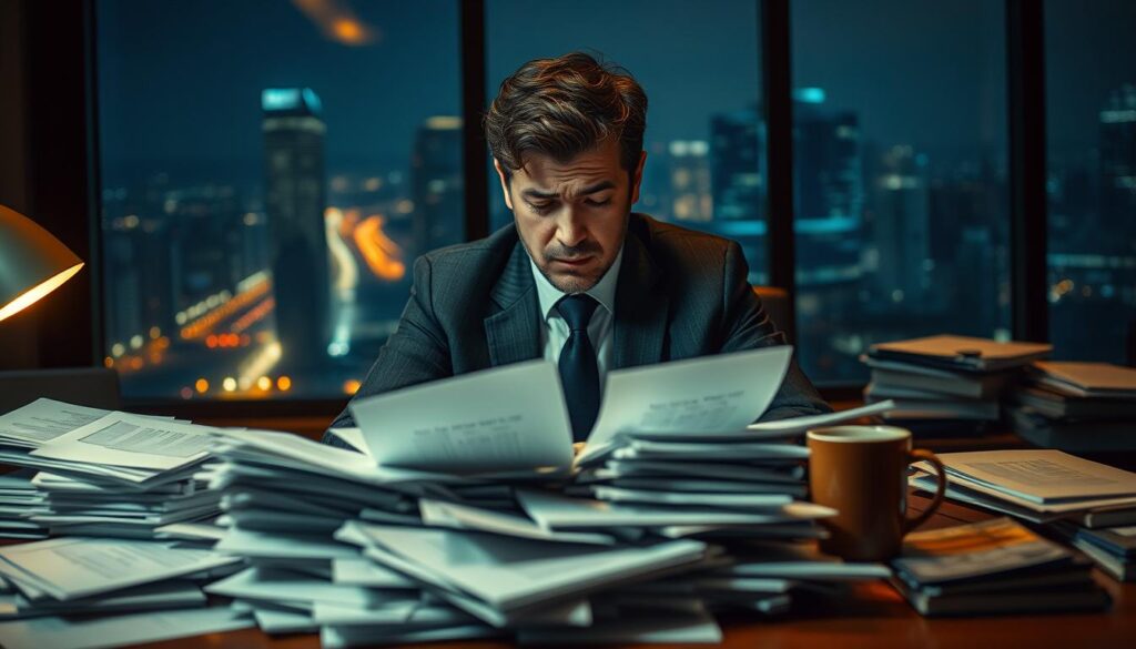A professional in business attire sits at a cluttered desk, their expression a mix of concentration and stress, reflecting on a pile of critical feedback papers. They are surrounded by a dimly lit office space with warm, soft lighting, creating a contrasting atmosphere of warmth against the starkness of their workload. In the background, a large window reveals a busy cityscape, suggesting the outside world's relentless pace. A coffee cup sits nearby, hinting at late hours spent poring over critiques. The composition is shot with a Sony A7R IV at 70mm, creating a clear focus on the individual while softly blurring the background, evoking a sense of isolation amid the chaos. The overall mood captures the relationship between criticism and stress.