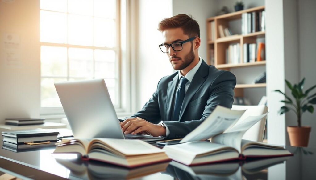 A professional individual engaged in personal development during a transitional period, seated at a sleek modern desk in an airy, well-lit office environment. In the foreground, the person is focused on a laptop, surrounded by open books and notes, showcasing a commitment to learning. The middle layer includes a large window with soft natural light filtering in, illuminating the space and casting gentle shadows. The background reveals a bookshelf filled with professional development resources and a potted plant, adding a touch of serenity. The scene conveys a mood of purpose and determination, captured in rich detail with a Sony A7R IV at 70mm, ensuring sharp focus and clarity enhanced by a polarized filter. The individual is dressed in smart business attire, embodying professionalism.