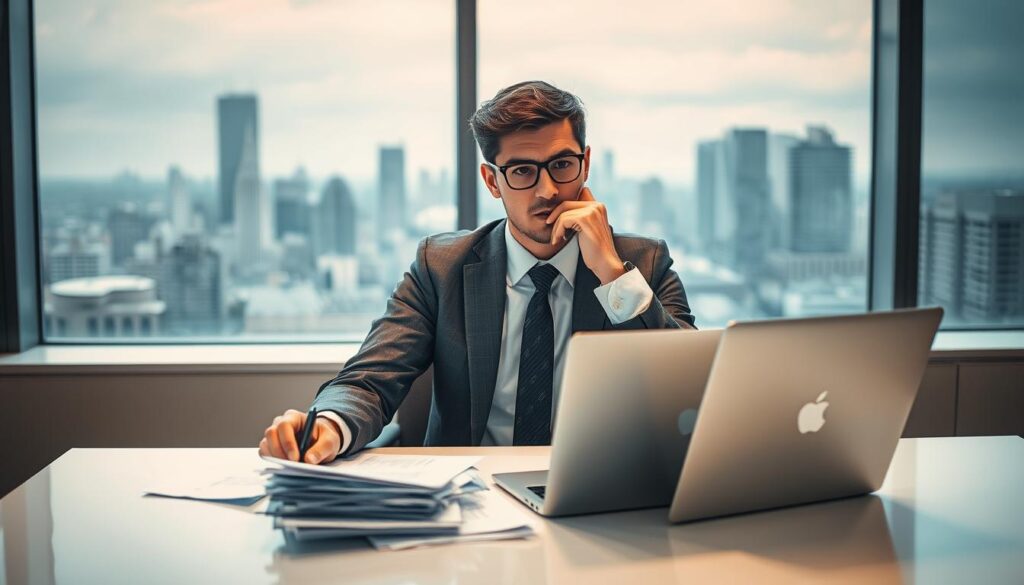 A professional individual in business attire sits at a sleek desk, visibly reflecting on setbacks and criticism, a thoughtful expression on their face. Papers and a laptop are scattered around, symbolizing both challenges and solutions. Soft, diffused lighting enhances the scene, casting gentle shadows that evoke a contemplative mood. In the background, a large window reveals a city skyline, representing opportunities and aspirations beyond immediate failures. The image uses a shallow depth of field, keeping the subject in crisp focus, while the background remains softly blurred. Shot on a Sony A7R IV with a 70mm lens and a polarized filter, the scene conveys resilience and introspection in the face of adversity.