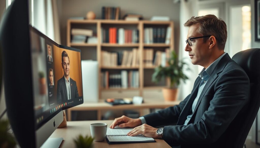 A professional individual participating in an online job interview, seated in a well-lit home office environment. The foreground features a computer screen displaying a video call interface, with the individual in business attire, such as a smart blazer and a collared shirt, focusing intently on the screen. In the middle ground, there's a neatly arranged desk with a notepad and a cup of coffee, suggesting preparation and professionalism. The background showcases bookshelves filled with professional literature and a potted plant, adding warmth. The scene is illuminated by soft, natural light from a nearby window, creating an inviting atmosphere. Capture this with a Sony A7R IV 70mm lens, ensuring sharp focus and defined details with a polarized filter to enhance the image quality.