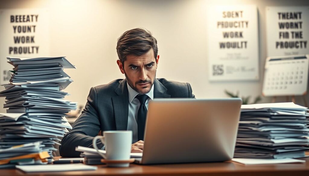 A professional individual seated at a modern office desk, surrounded by stacks of paperwork and a glowing laptop, conveying a sense of intense focus and determination. In the foreground, the person, dressed in smart business attire, shows a contemplative expression, with intense eyes reflecting a mixture of ambition and stress. In the middle ground, cluttered documents symbolize the overwhelming nature of workaholism, while a coffee cup and a calendar with marked deadlines hint at the pressures faced. The background features a softly lit office environment with motivational posters about productivity, enhancing the mood. Shot on Sony A7R IV, 70mm, with a polarized filter, creating a clearly focused and sharply defined image that encapsulates the psychological complexities of work addiction.